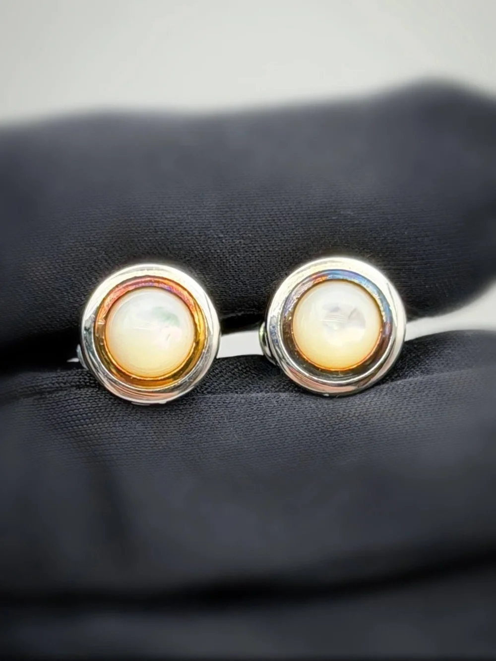 Vintage Oxidized 925 Sterling Silver & 14k Yellow Gold Moonstone Unisex Mini Cuf